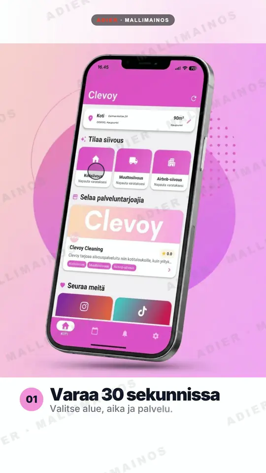 Frame from the Clevoy ad: a pink phone mockup showing the Clevoy cleaning app above the Finnish words “Book in 30 seconds”