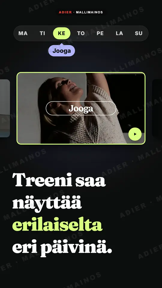 Frame from the FeelHobby ad: a week calendar above a yoga class photo, with a Finnish headline saying a workout can look different every day