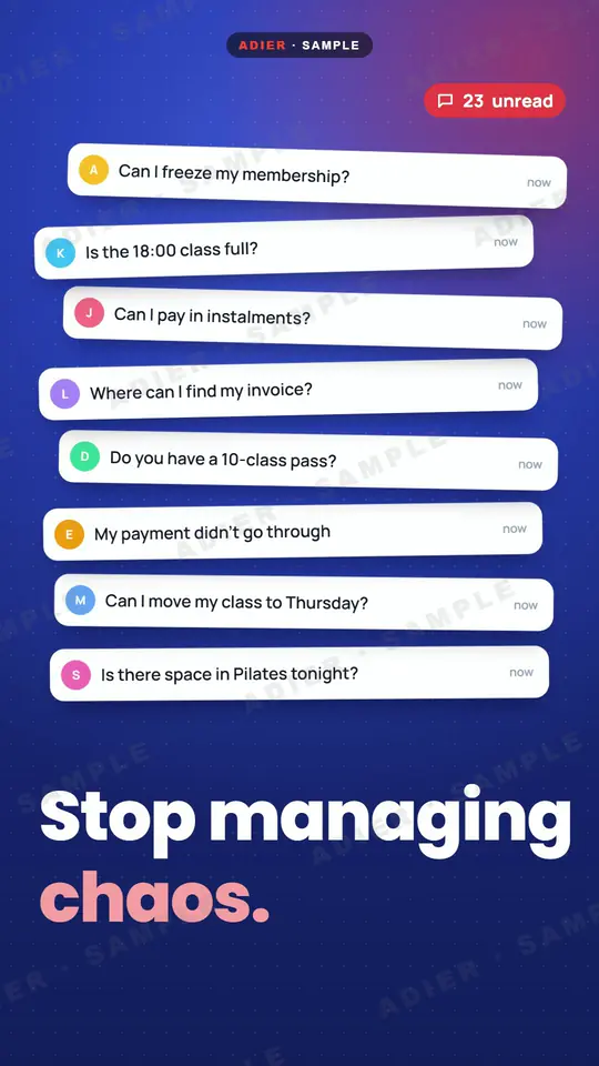 Frame from the Fisofi ad: a pile of studio member chat messages above the headline “Stop managing chaos.”