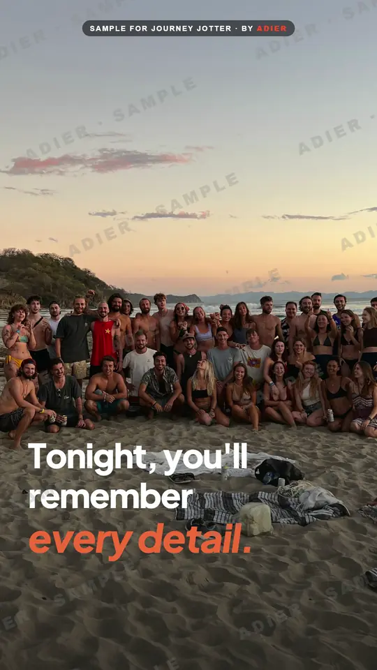 Frame from the Journey Jotter ad: a crowd of travellers on a beach at sunset with the words “Tonight, you’ll remember every detail.”