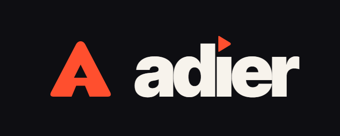 The Adier logo on a near-black background: a vermilion A mark and the word adier in cream