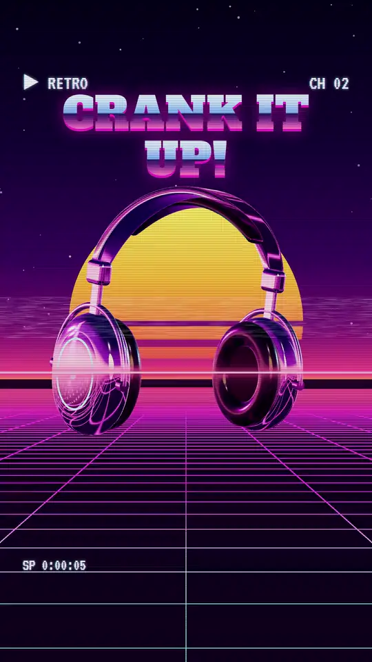 Frame from the KUULIO concept ad: neon retro headphones on a synthwave sunset grid under the words “Crank it up!”