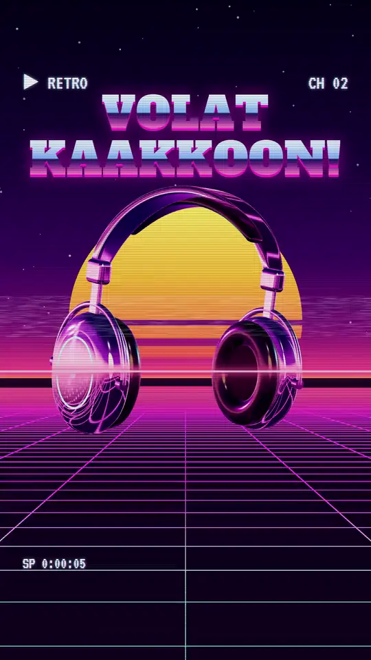 Ote KUULIO-konseptimainoksesta: neonvärisiä retrokuulokkeita synthwave-auringonlaskun ruudukolla ja teksti “Volat kaakkoon!”