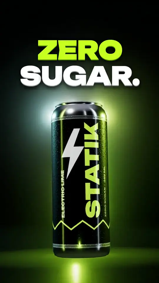 Frame from the STATIK concept ad: a black energy drink can with a green lightning bolt under the words “Zero sugar.”