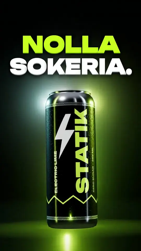 Ote STATIK-konseptimainoksesta: musta energiajuomatölkki vihreällä salamalla ja teksti “Nolla sokeria.”
